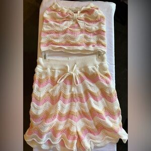 White Pink Tan Knit Short and Top set